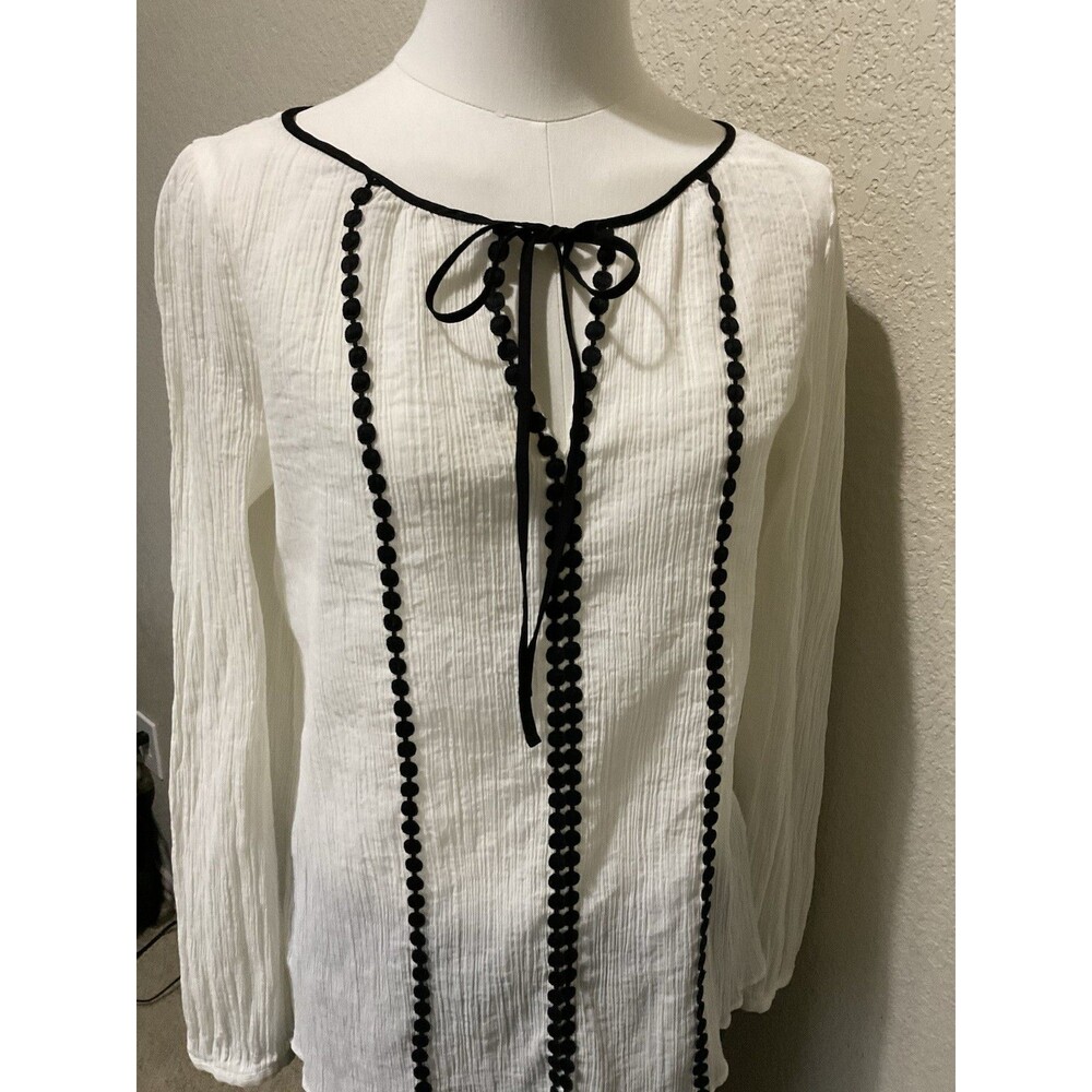 LOFT, Women’s Long Sleeve Cotton Blouse, White, Black Trim, Size: M - Picture 5 of 8